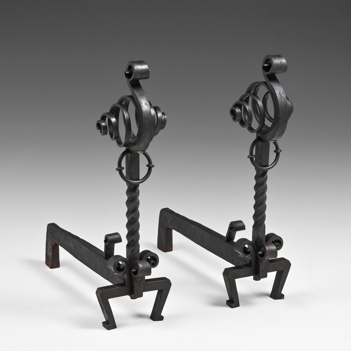 Antique Arts & Crafts Period Hand-Wrought Iron Square Andirons Similar to Roycroft c1905