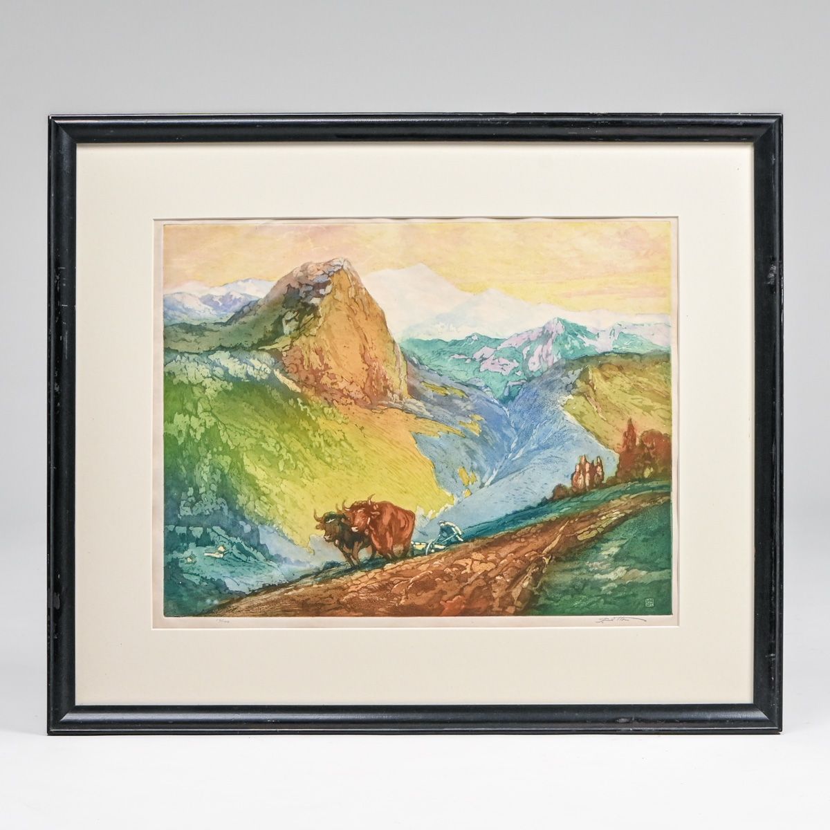 John Wesley Cotton (1869-1931) Color Etching & Aquatint "Toilers In the Pyrennes" 1915