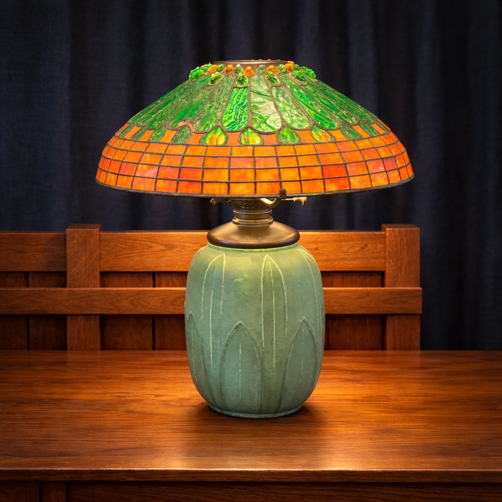 Tiffany Studios - Grueby Pottery Jeweled Feather Table Lamp c1910
