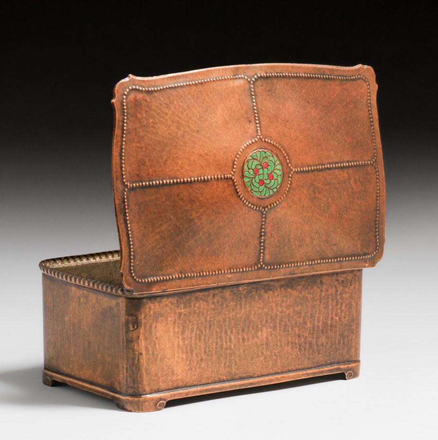 Ludwig Vierthaler - Winhart & Co - Munich, Germany Hammered Copper & Enamel Box c1905