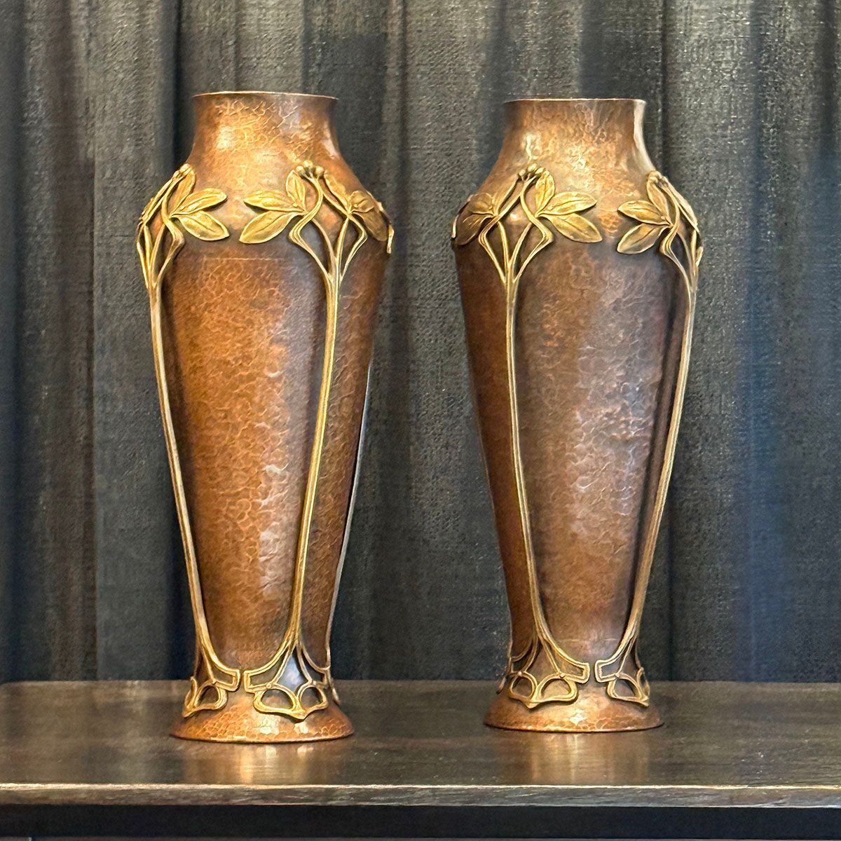 Pair WMF - German Hammered Copper & Brass Art Nouveau Vases c1905