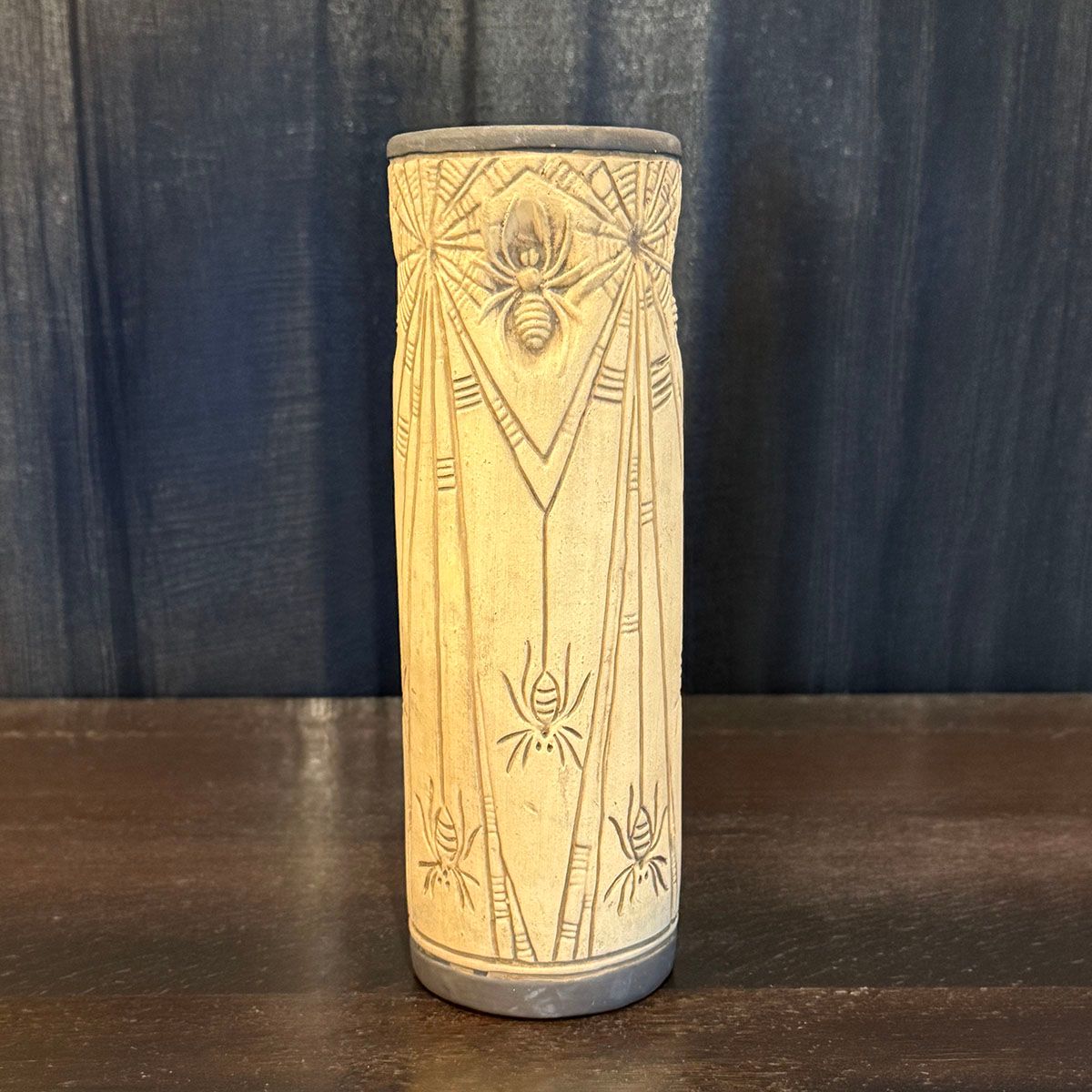 Weller Burntwood Spiderweb Cylinder Vase c1910