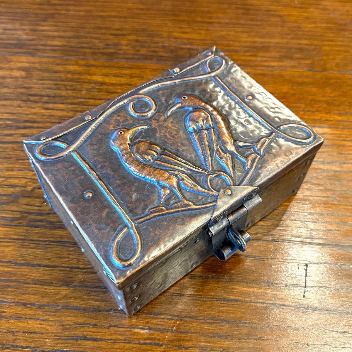 John Pearson "Love Birds" Hammered Copper Box c1900