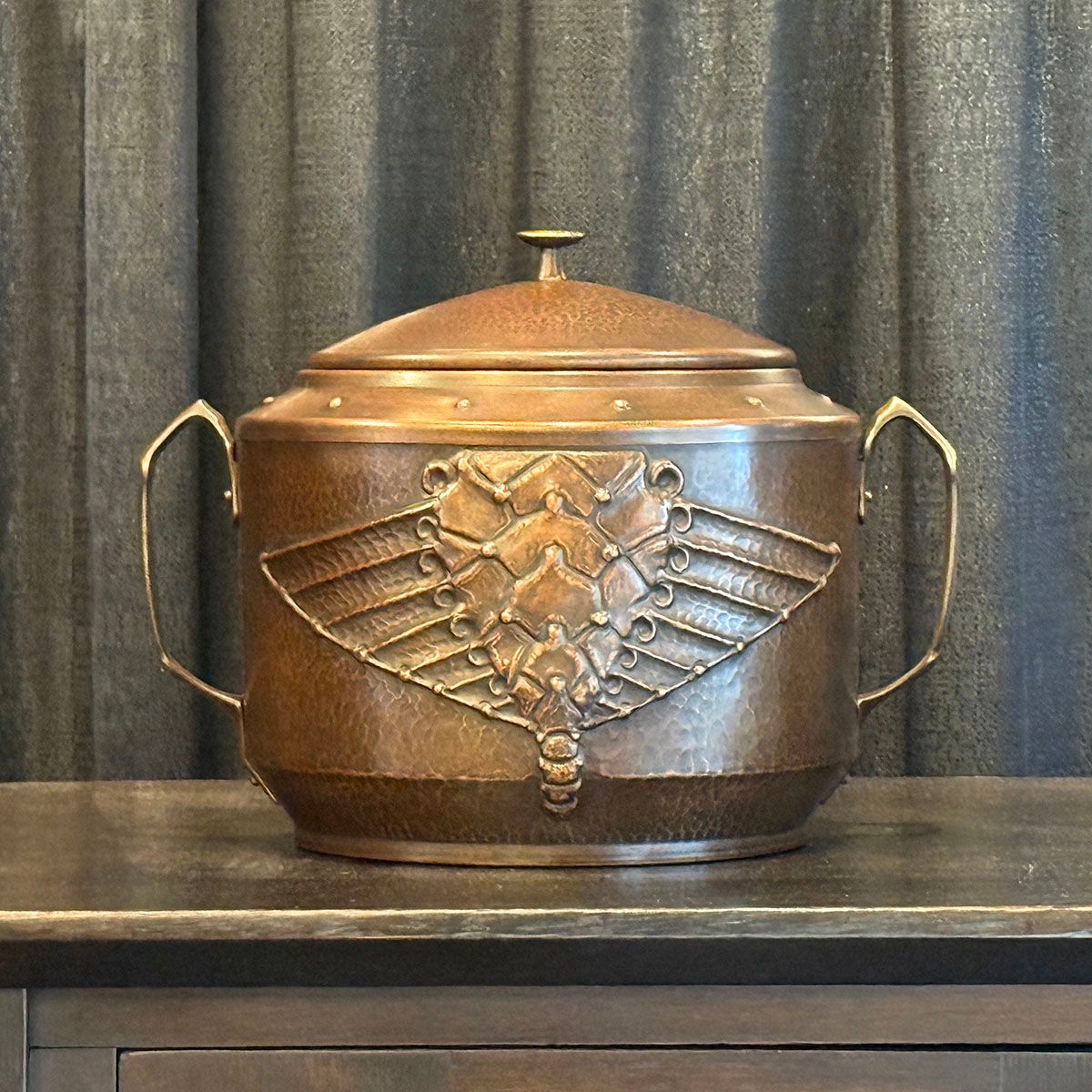 German Art Nouveau Repousse Winged Scarab Hammered Copper & Brass Two-Handled Tauren c1905