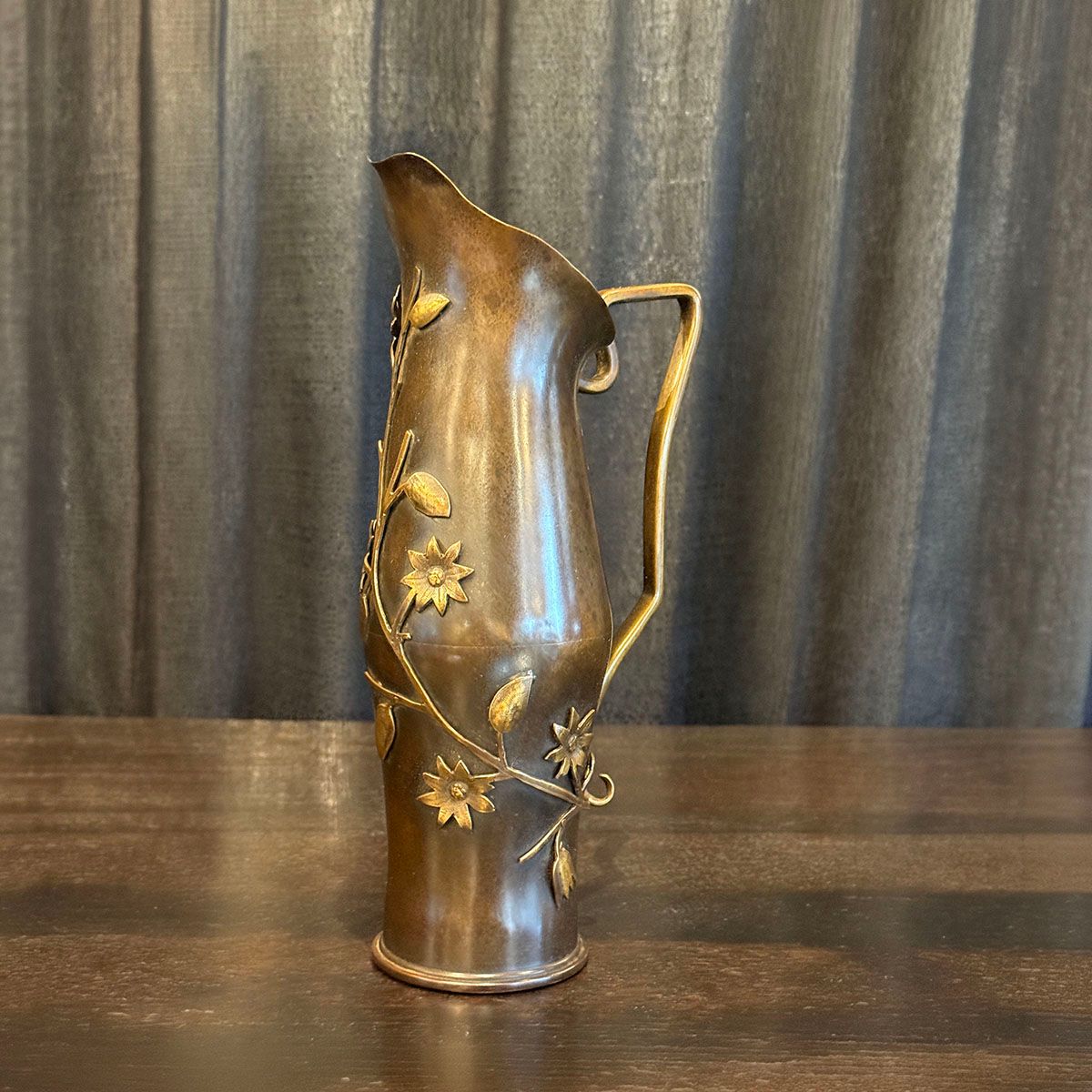 Early Dirk van Erp Hammered Brass Aesthetic Movement Shell Casing Pitcher c1900-1902