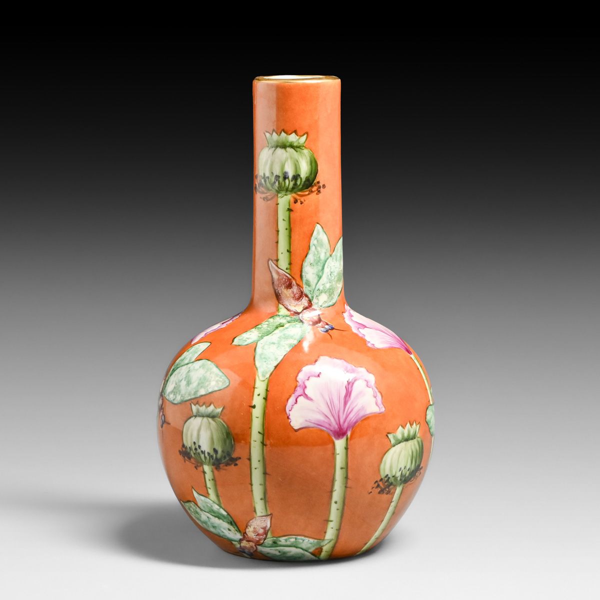 American Opium Poppy & Dragonfly Hand-Decorated European Porcelain Vase c1910