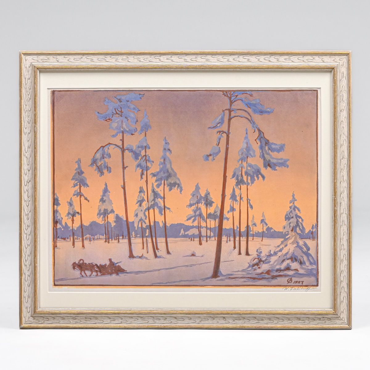 Vadim Dmitrievich Falileev (Russian 1879-1950) Color Linocut: Winter Landscape with Pine Trees at Sunset 1927