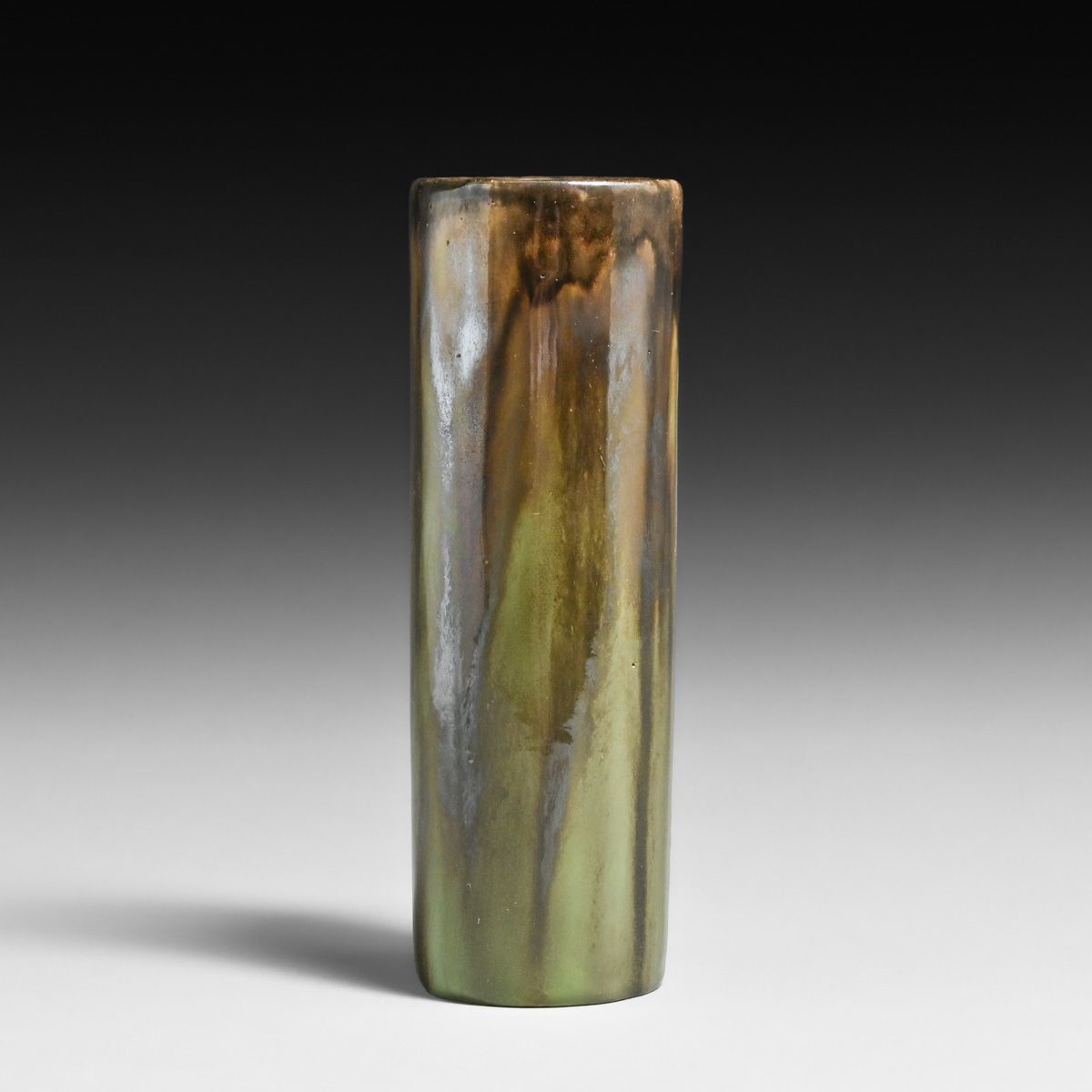 Fulper Pottery Green & Mirror Black Drip Cylinder Vase c1910