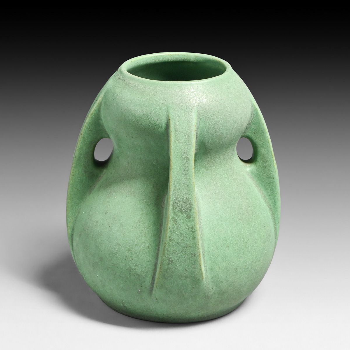 Teco Pottery #287 Matte Green Four-Handled Bulbous Vase c1910