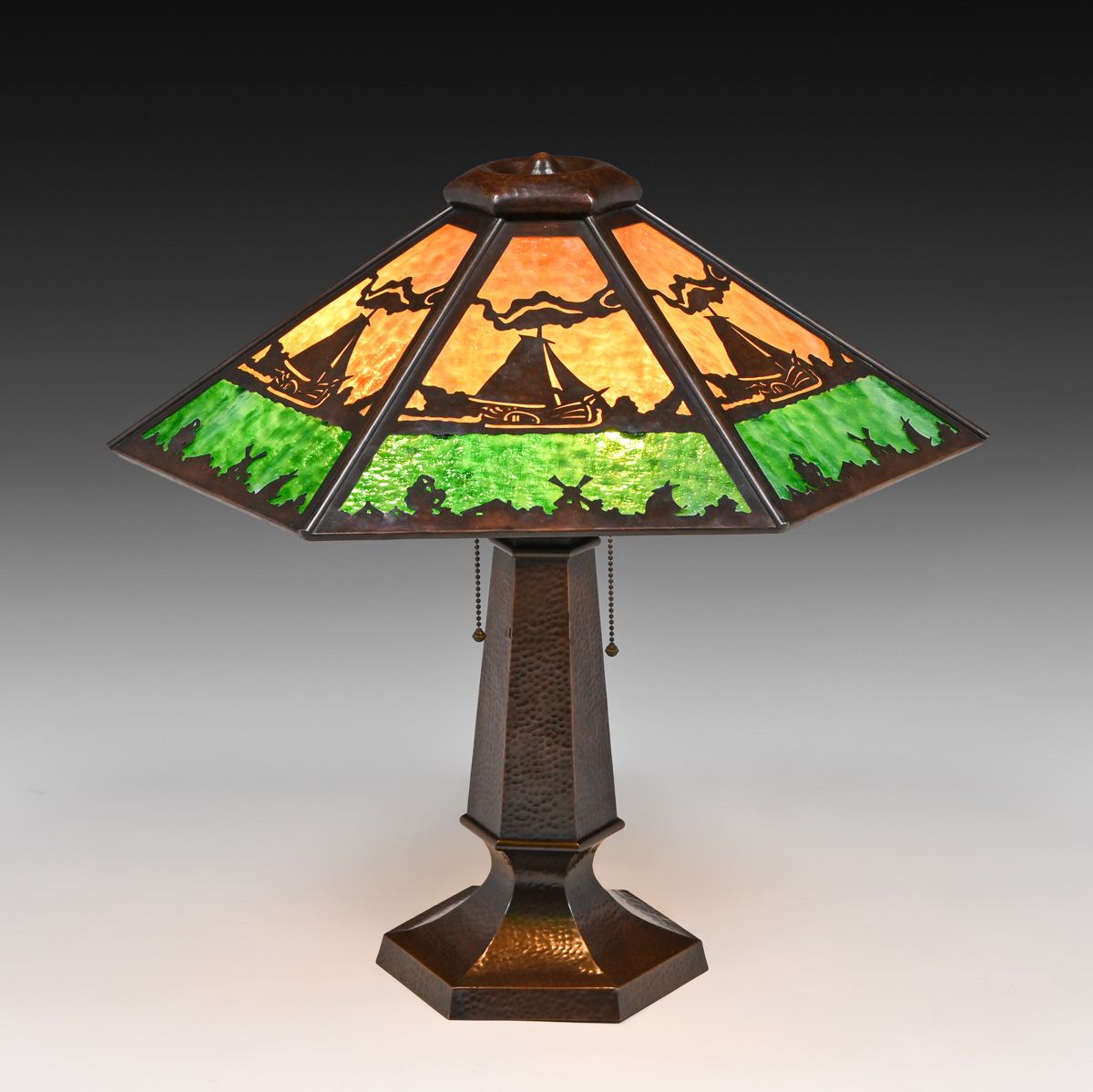 Limbert Hammered Copper & Slag Glass Windmill Cutout Lamp c1910