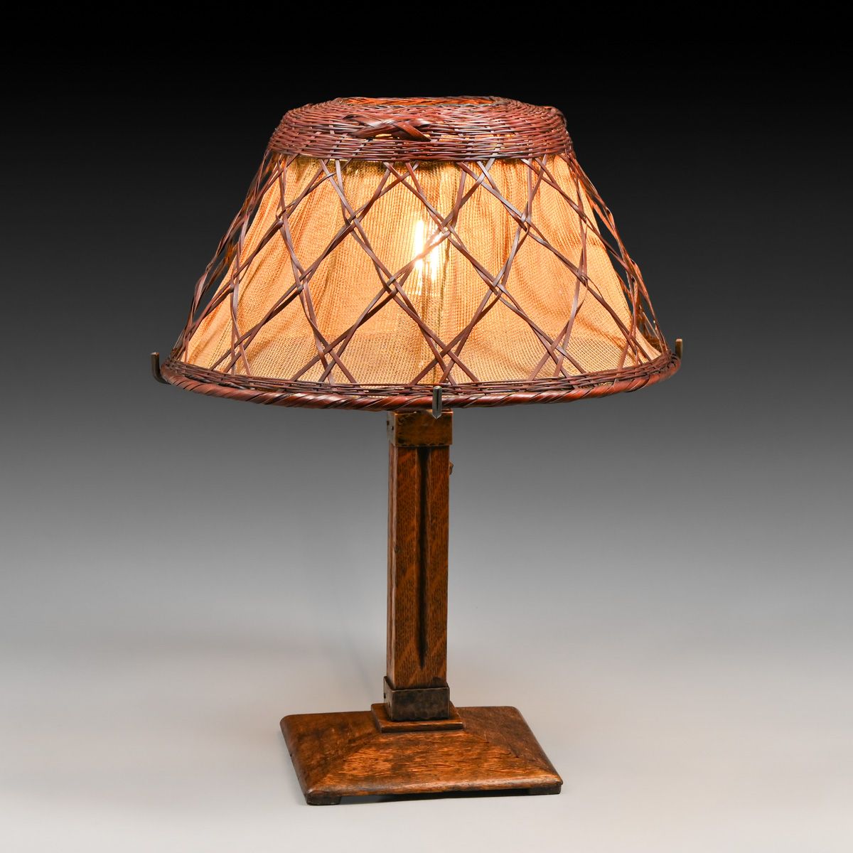 Gustav Stickley Oak & Japanese Wicker Lamp c1910