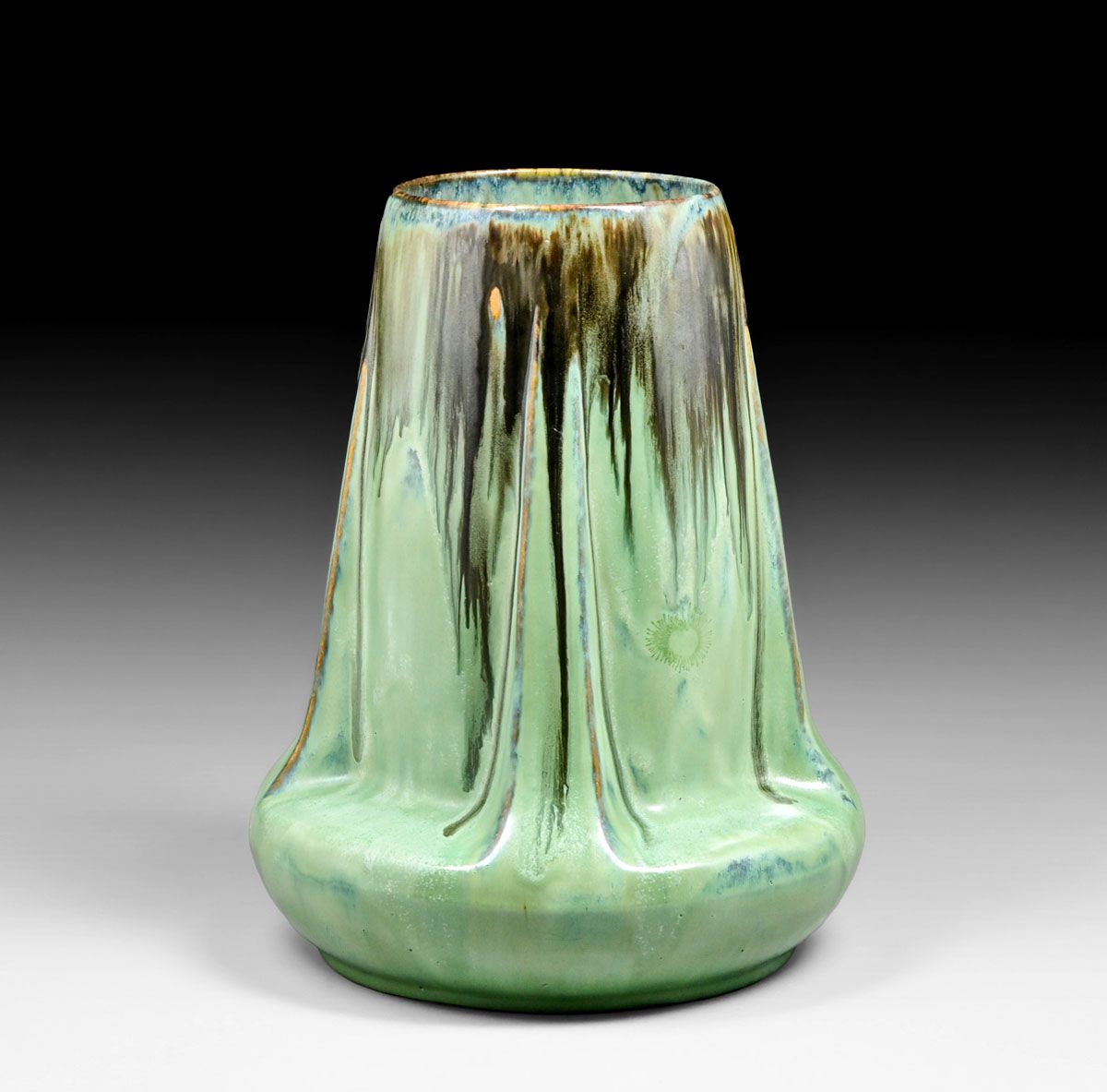 Large Fulper Pottery Mirror Black Drip &  Chinese Green Flambe Buttress Vase c1910