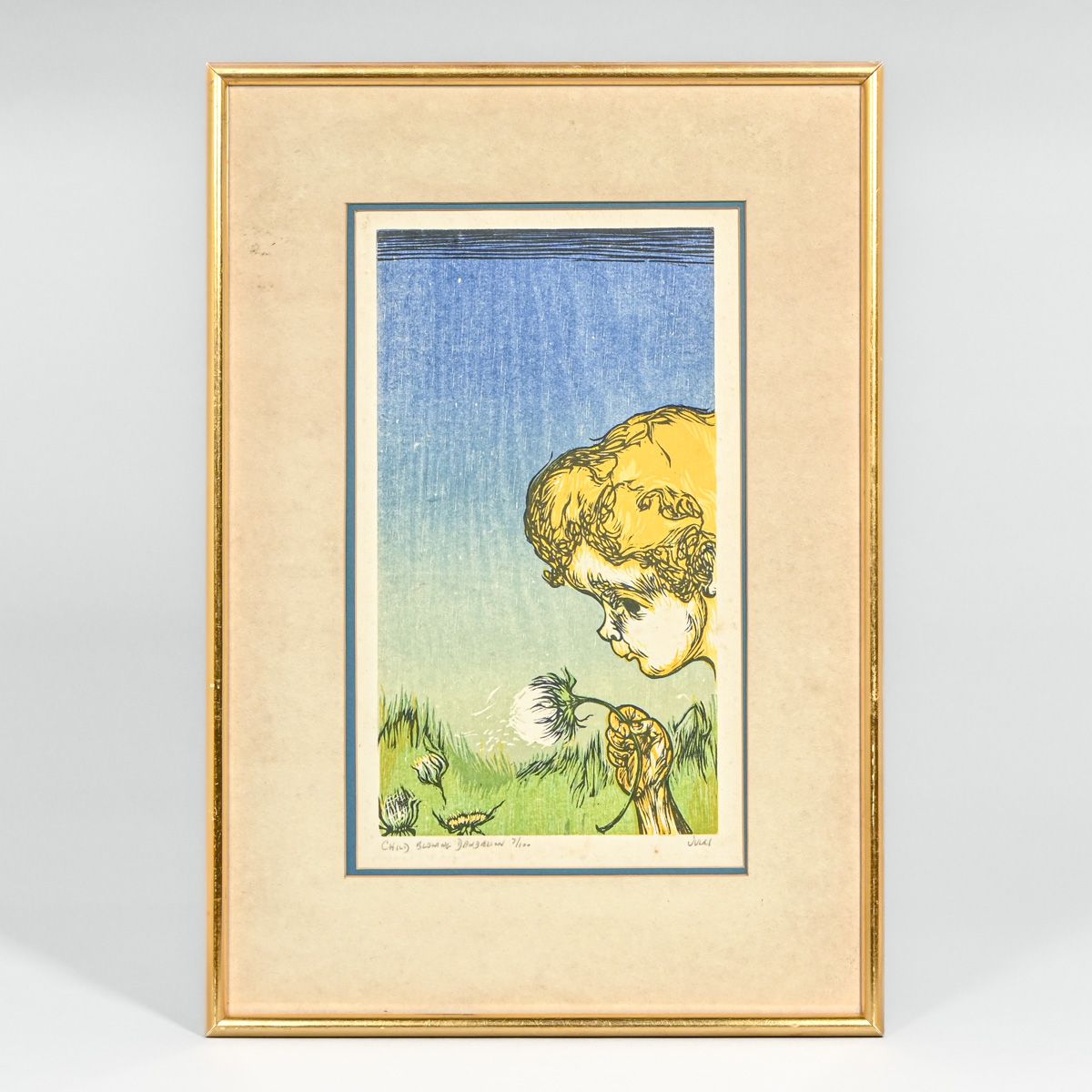Mervin Jules (1912–1994) Color Woodcut "Child Blowing Dandelion" c1950s/60s
