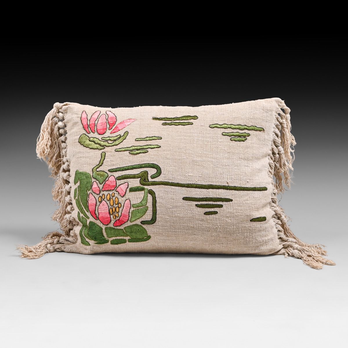 Arts & Crafts Period Hand-Embroidered Waterlily Pillow c1910