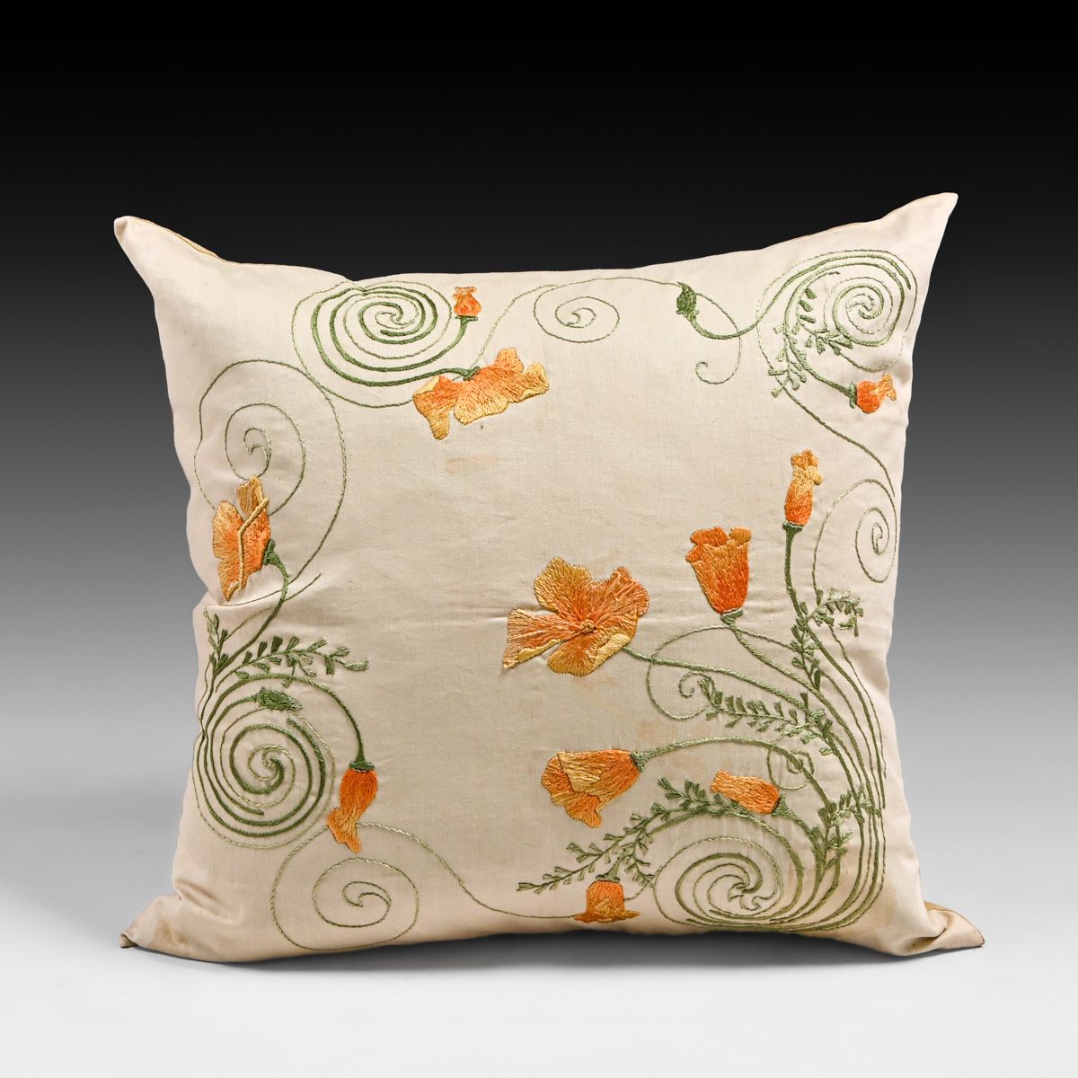 Arts & Crafts Period Hand-Embroidered California Poppy Pillow c1910