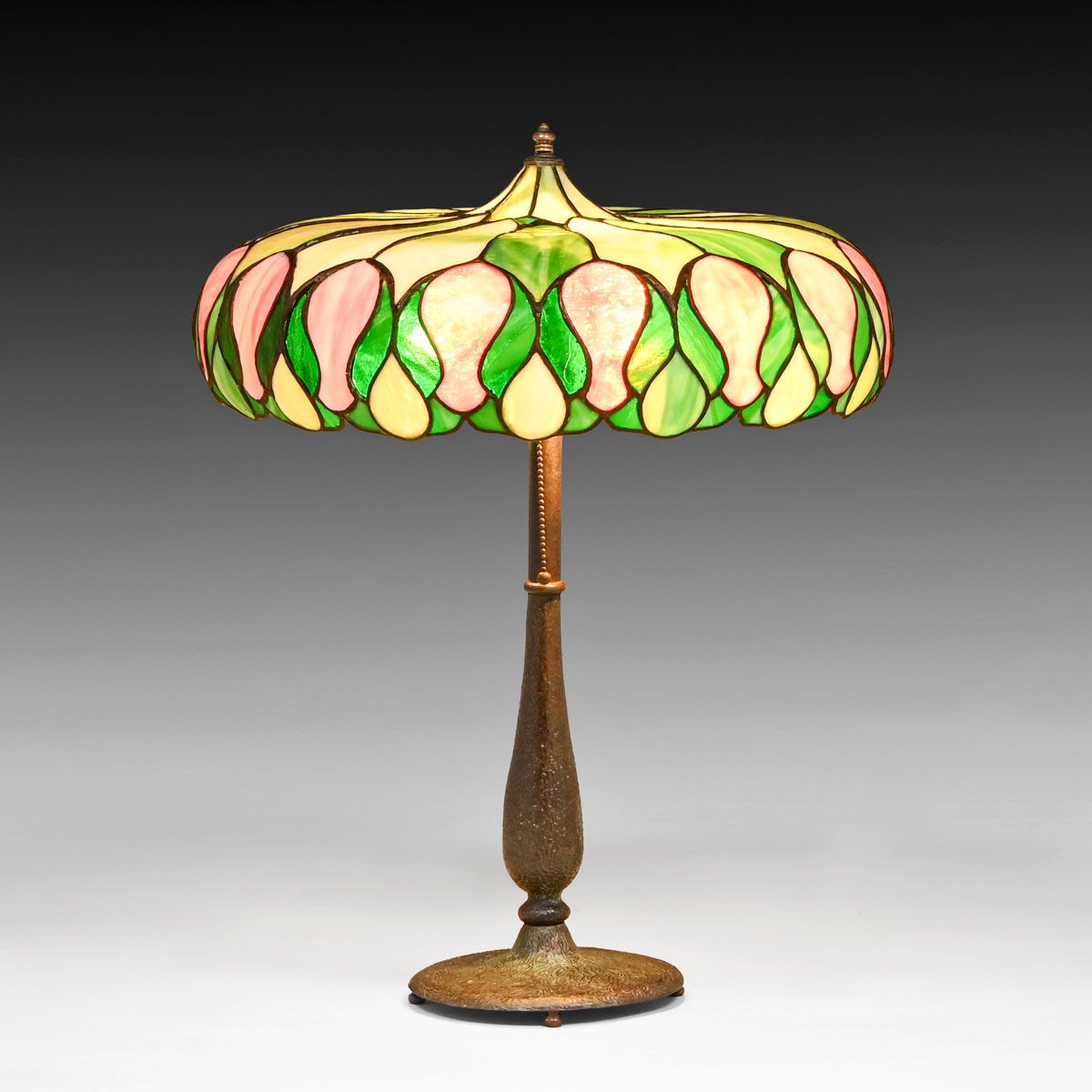 John Morgan & Sons Green & Red Leaded Glass Lamp c1910