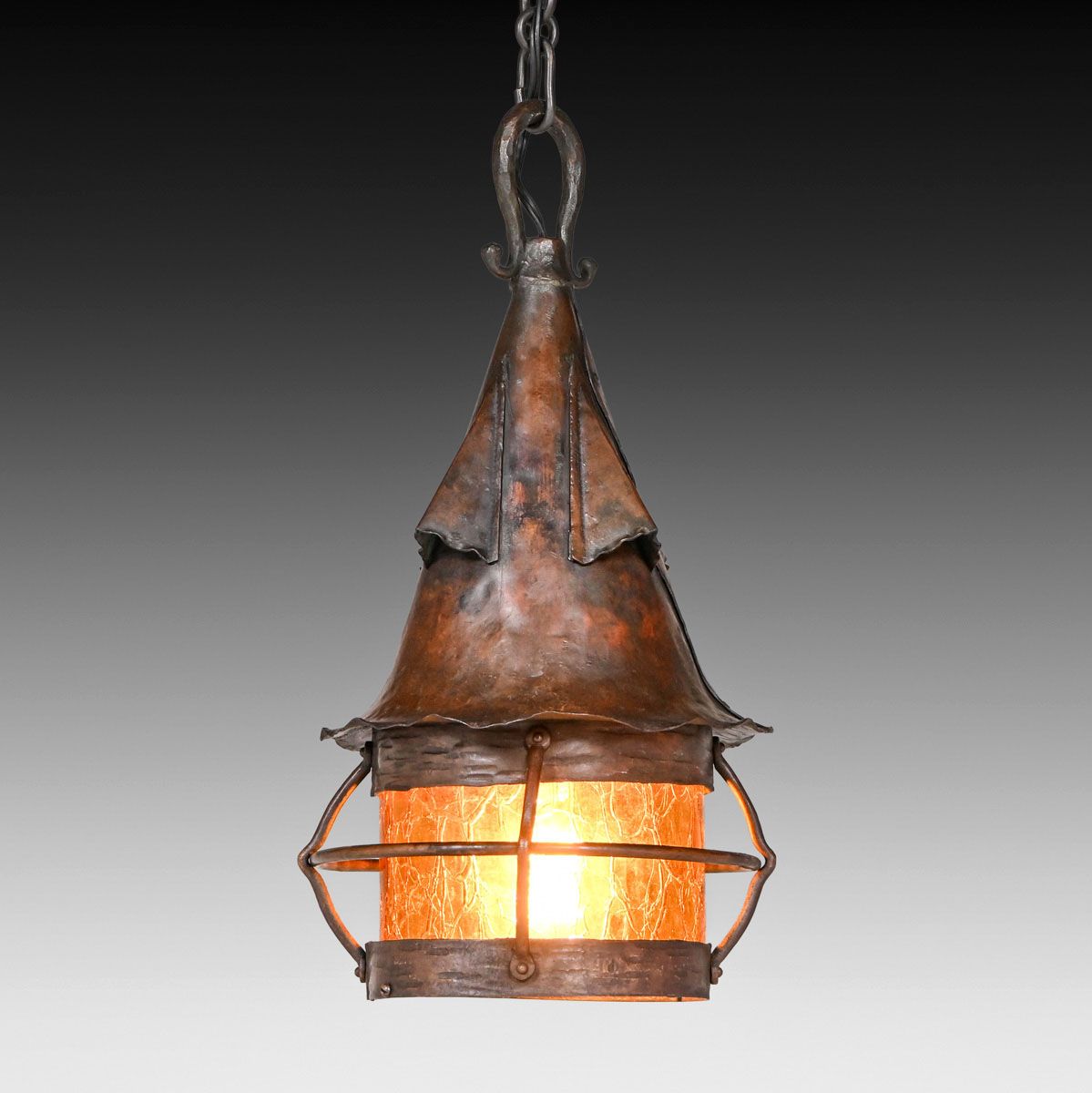 Arts & Crafts Period Hammered Copper & Amber Glass Hanging Light c1910s
