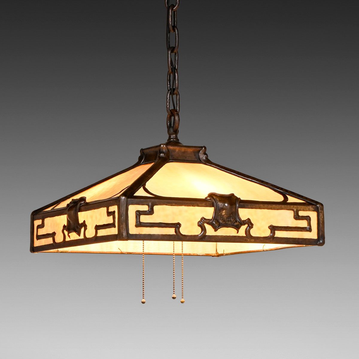 Prairie School Arts & Crafts Hammered Copper & Slag Glass Hanging Chandelier c1910