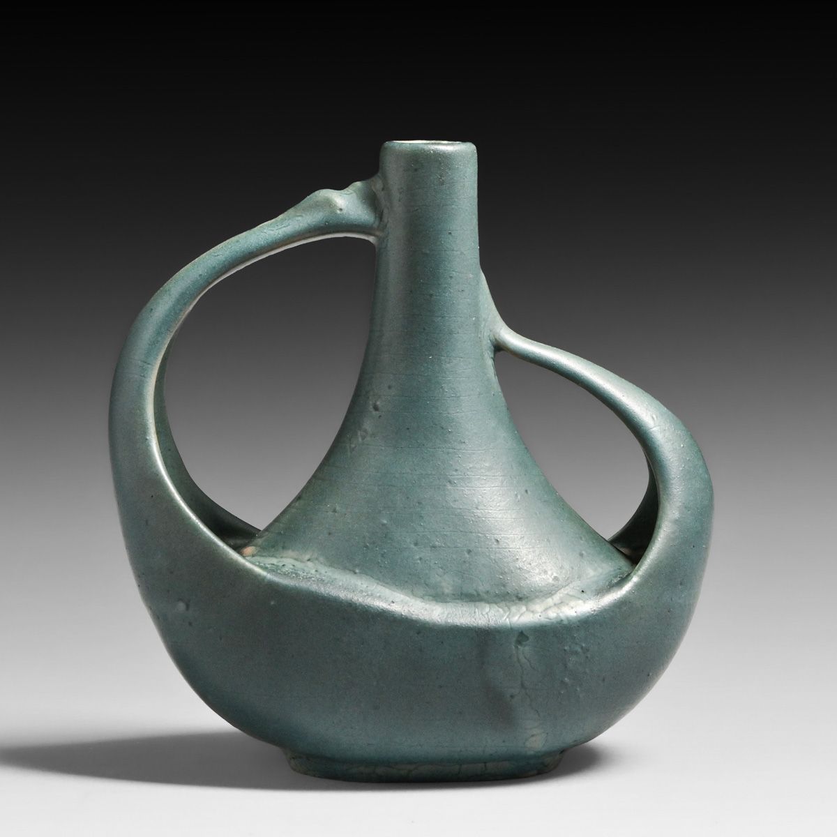 Unusual Hampshire Pottery Matte Blue Two-Handled Vase c1910