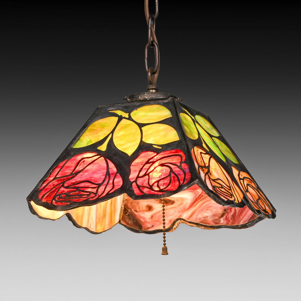 Arts & Crafts Period "Rosebush" Motif Cutout Copper & Slag Glass Hanging Light c1910