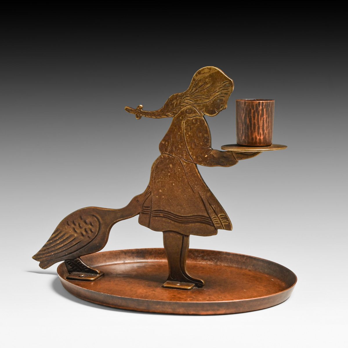 WMF - Ignatius Taschner Designed Art Nouveau "Goose Girl" Mixed-Metal Chamberstick c1910