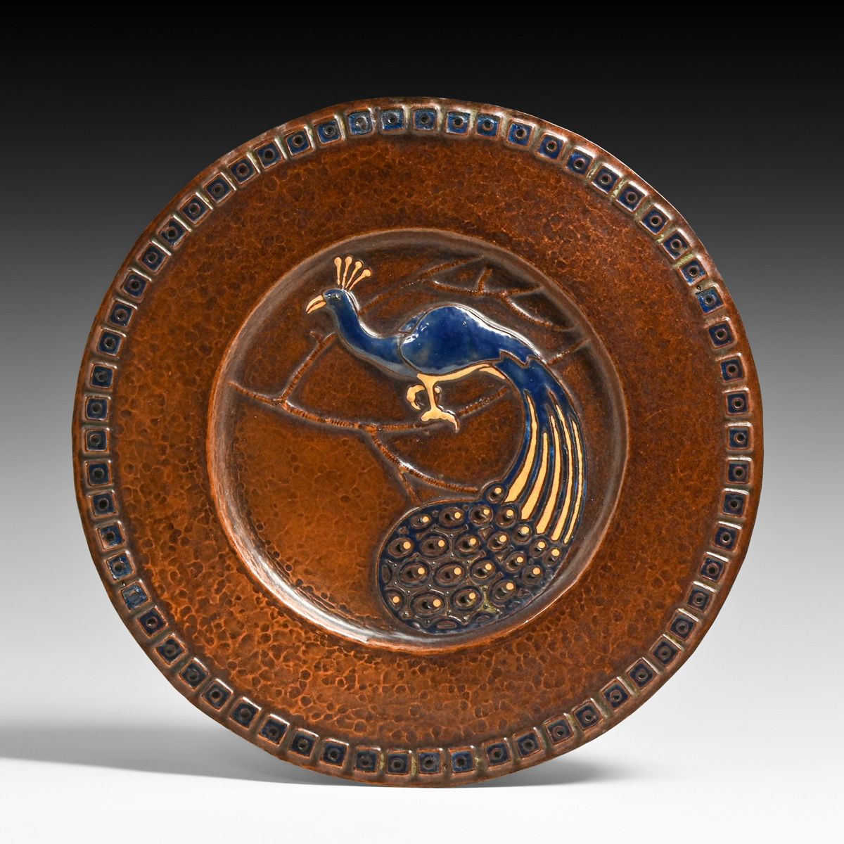 Ludwig Vierthaler Hammered Copper & Enamel Peacock Charger c1905