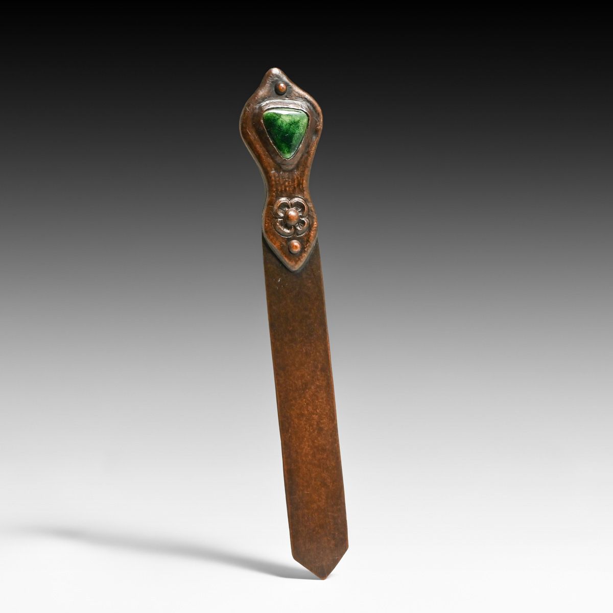 English Arts & Crafts Hammered Copper, Brass & Ruskin Enamel Paper Knife c1900