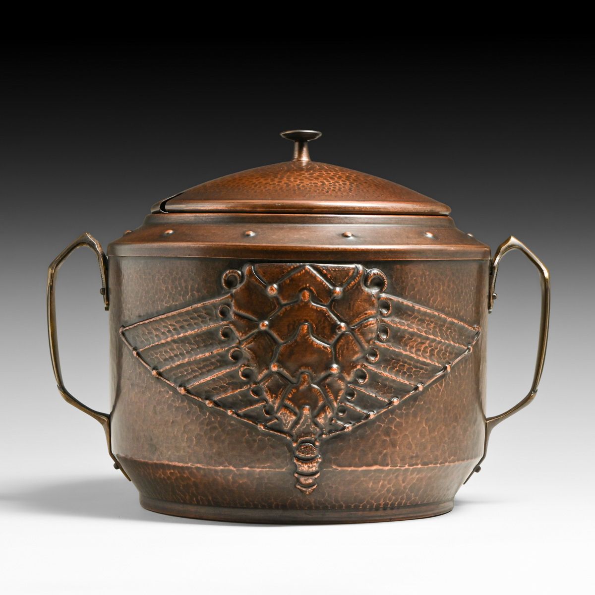 German Art Nouveau Repousse Winged Scarab Hammered Copper & Brass Two-Handled Tauren c1905