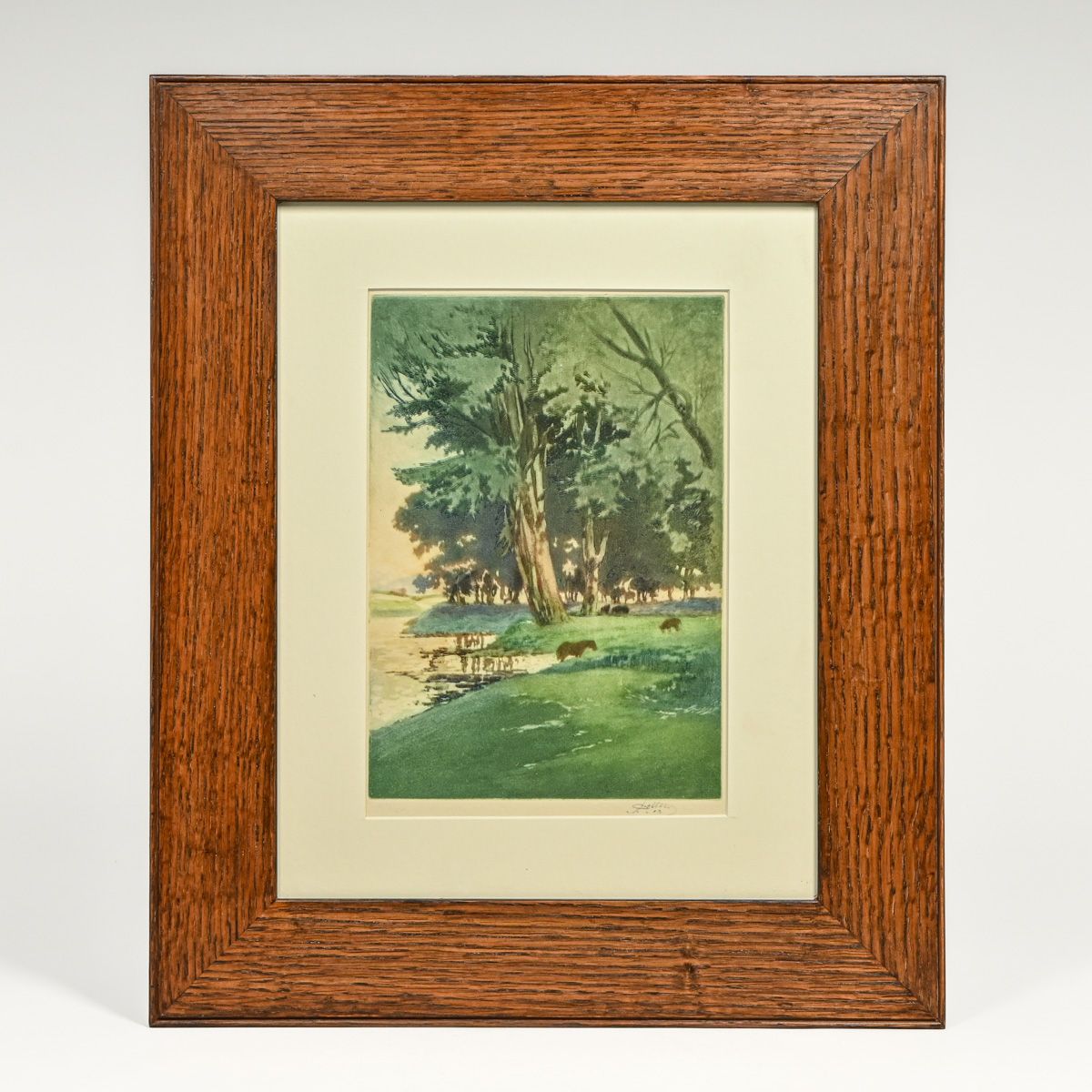 John Wesley Cotton (1869-1931) Color Etching & Aquatint "Horses by a Stream" c1913