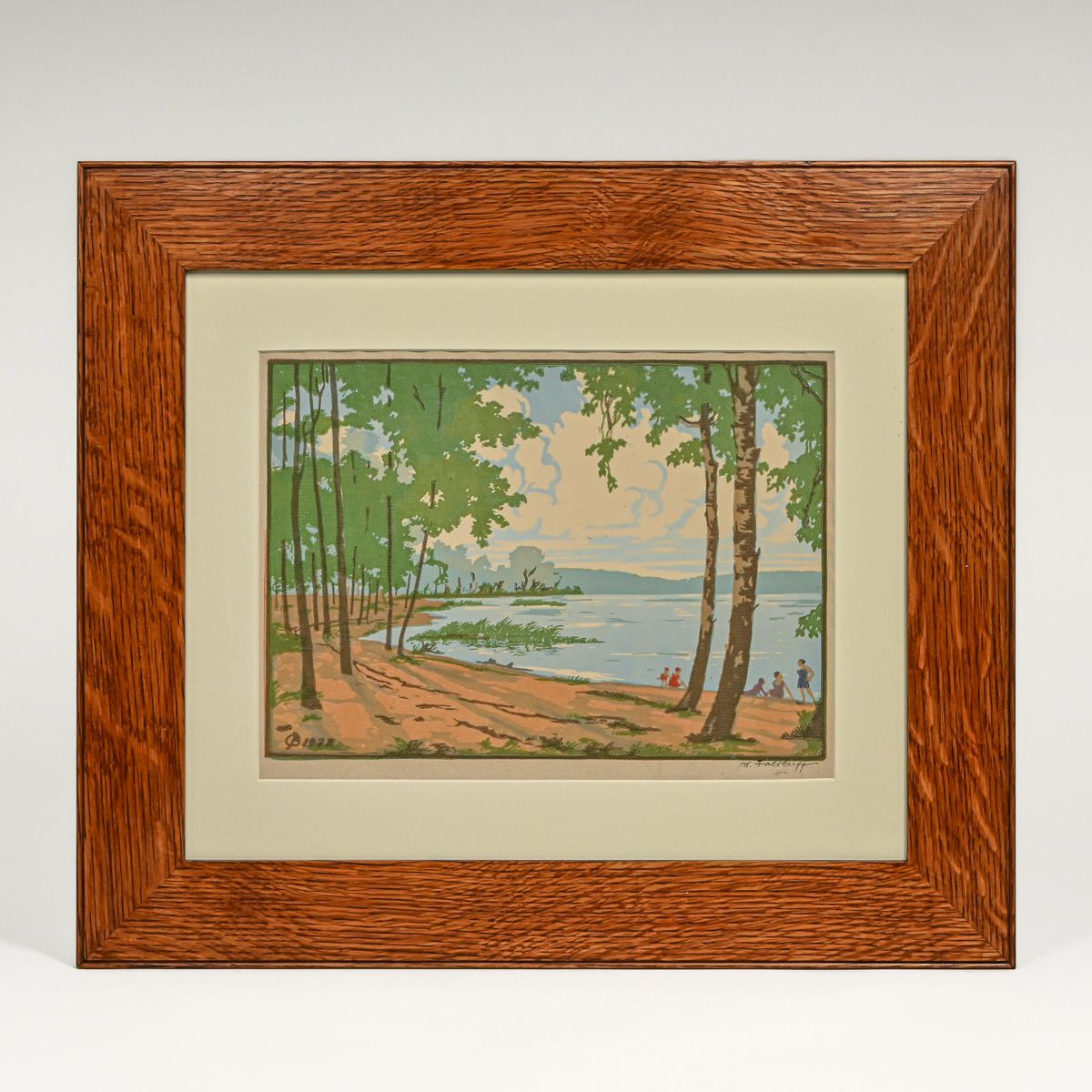 Vadim Dmitrievich Falileev (Russian 1879-1950) Color Woodcut "Bathers at a Lake" 1932