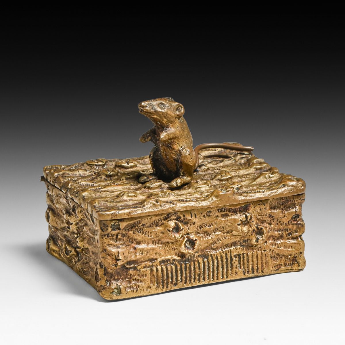 Antique English Figural Mouse Gilt Brass Stamp Box c1880s