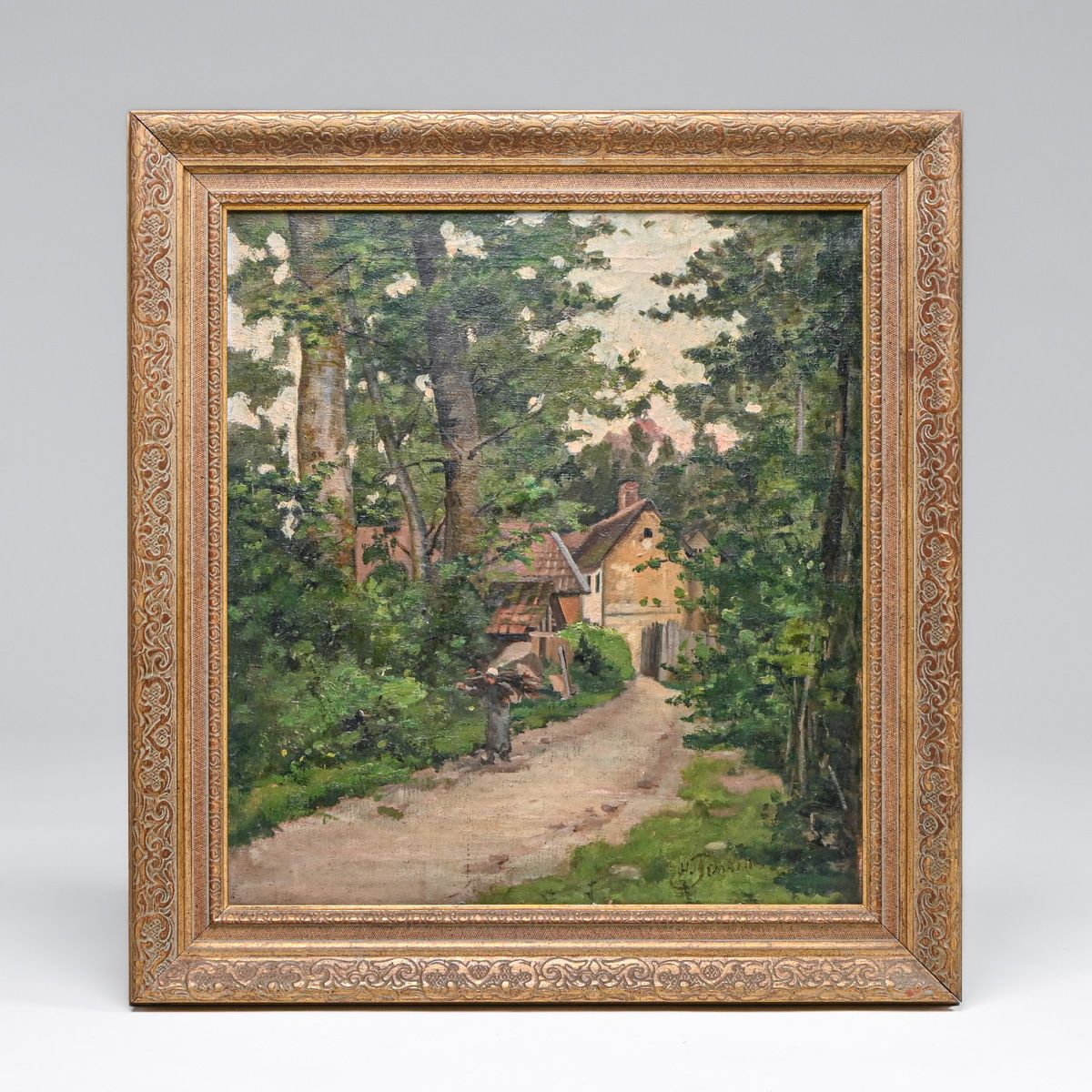 French Impressionist Pastoral Landscape: Countryside Path with Cottage and Figure c1900