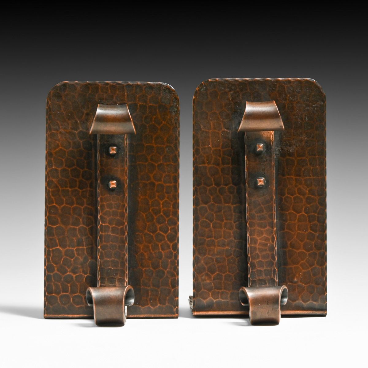 Roycroft Hammered Copper Center-Strap Bookends c1920s