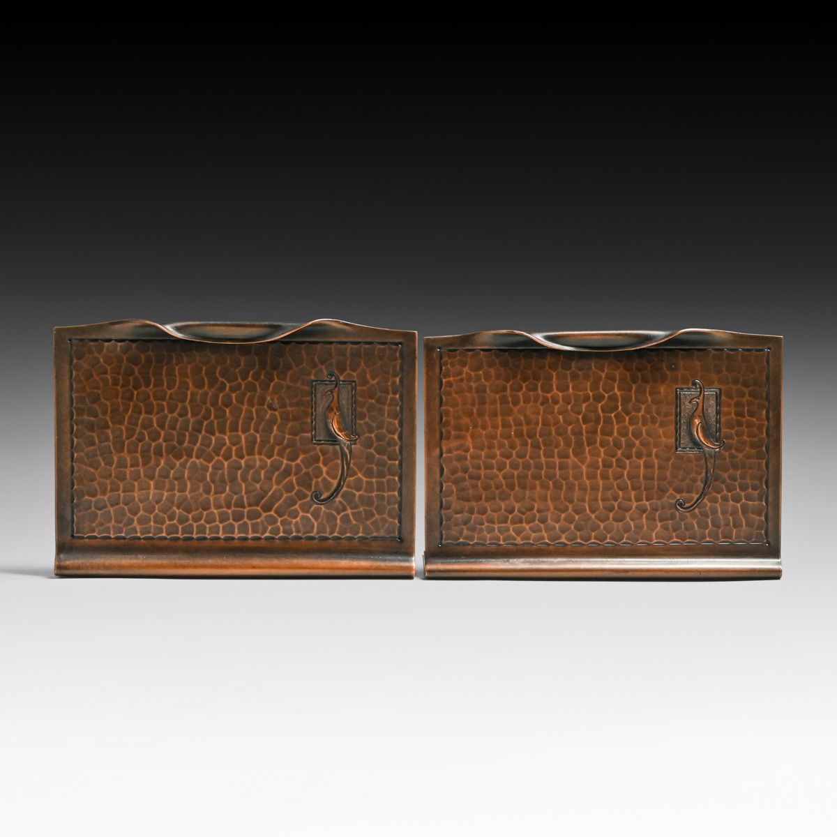 Roycroft Hammered Copper Bird-of-Paradise Bookends c1920s