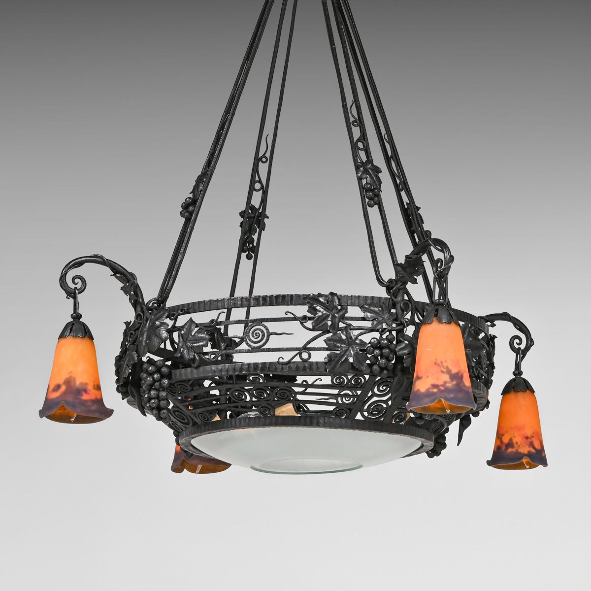 French Art Deco Wrought Iron & Art Glass Chandelier c1920