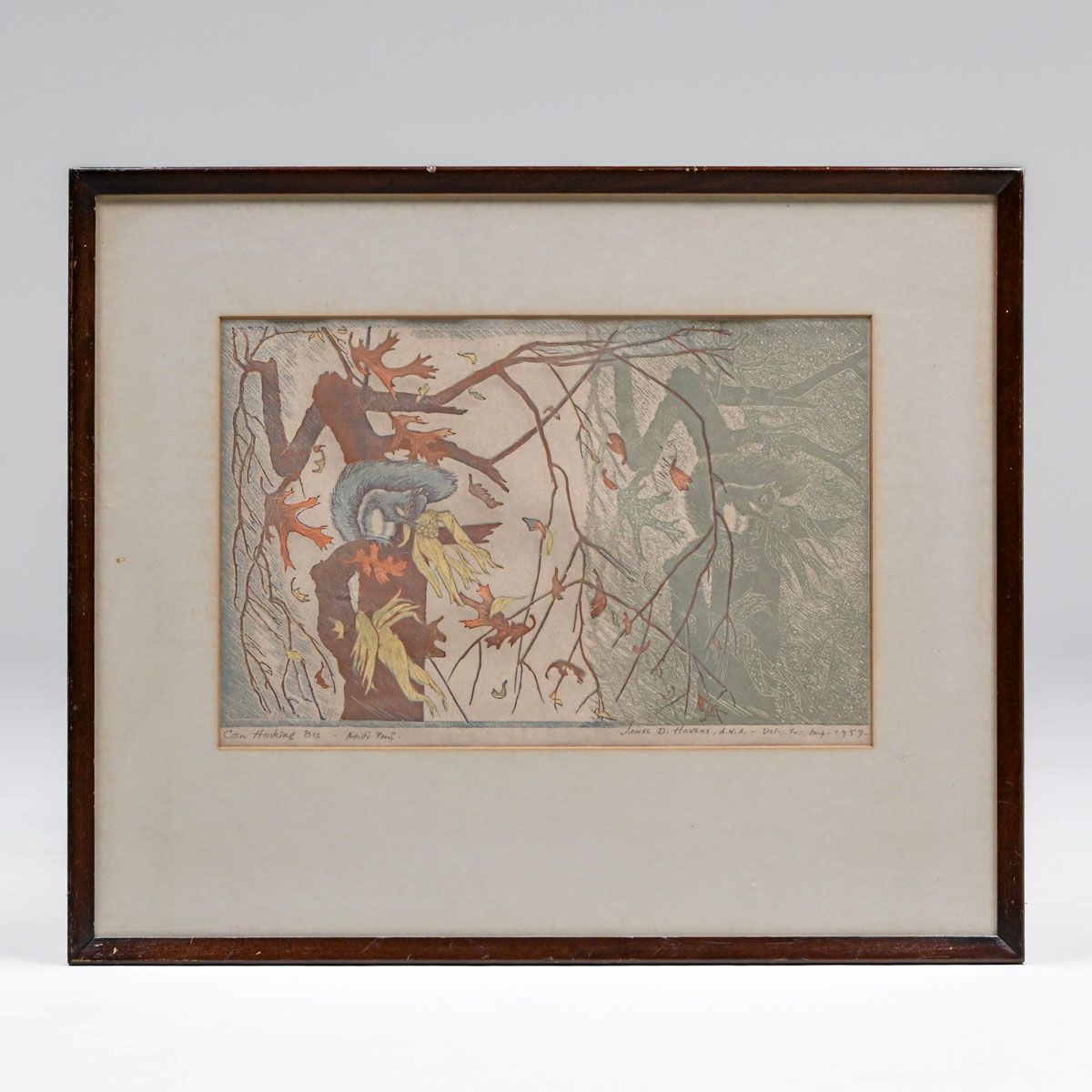 James Dexter Havens (1900–1960) Color Woodcut "Corn Husking Bee" 1959