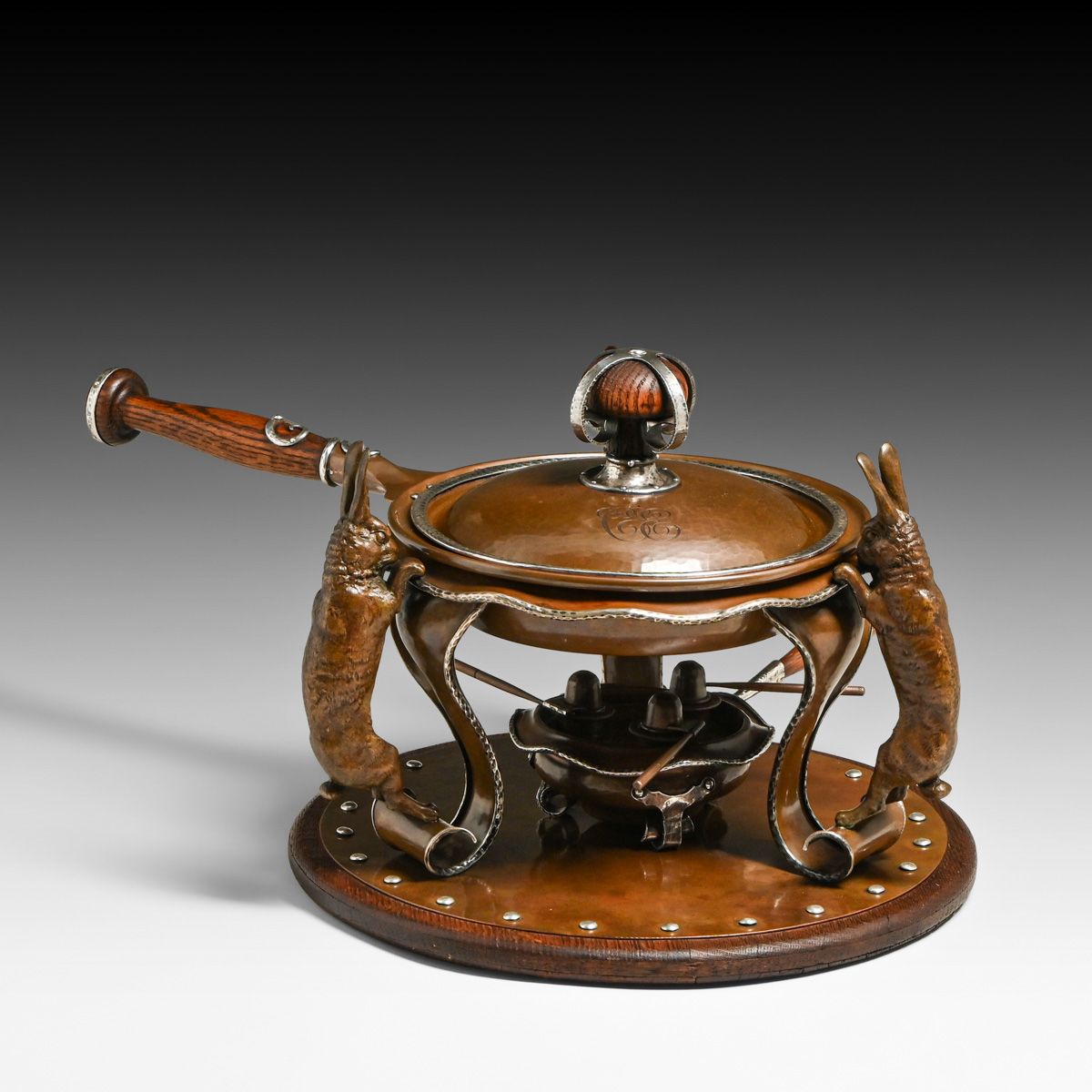 Joseph Heinrichs Hammered Copper & Silver Cutout Rabbit Chafing Dish c1910