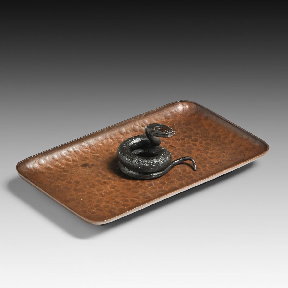 French Art Deco Hammered Copper & Hand-Forged Iron Cobra Tray c1920s
