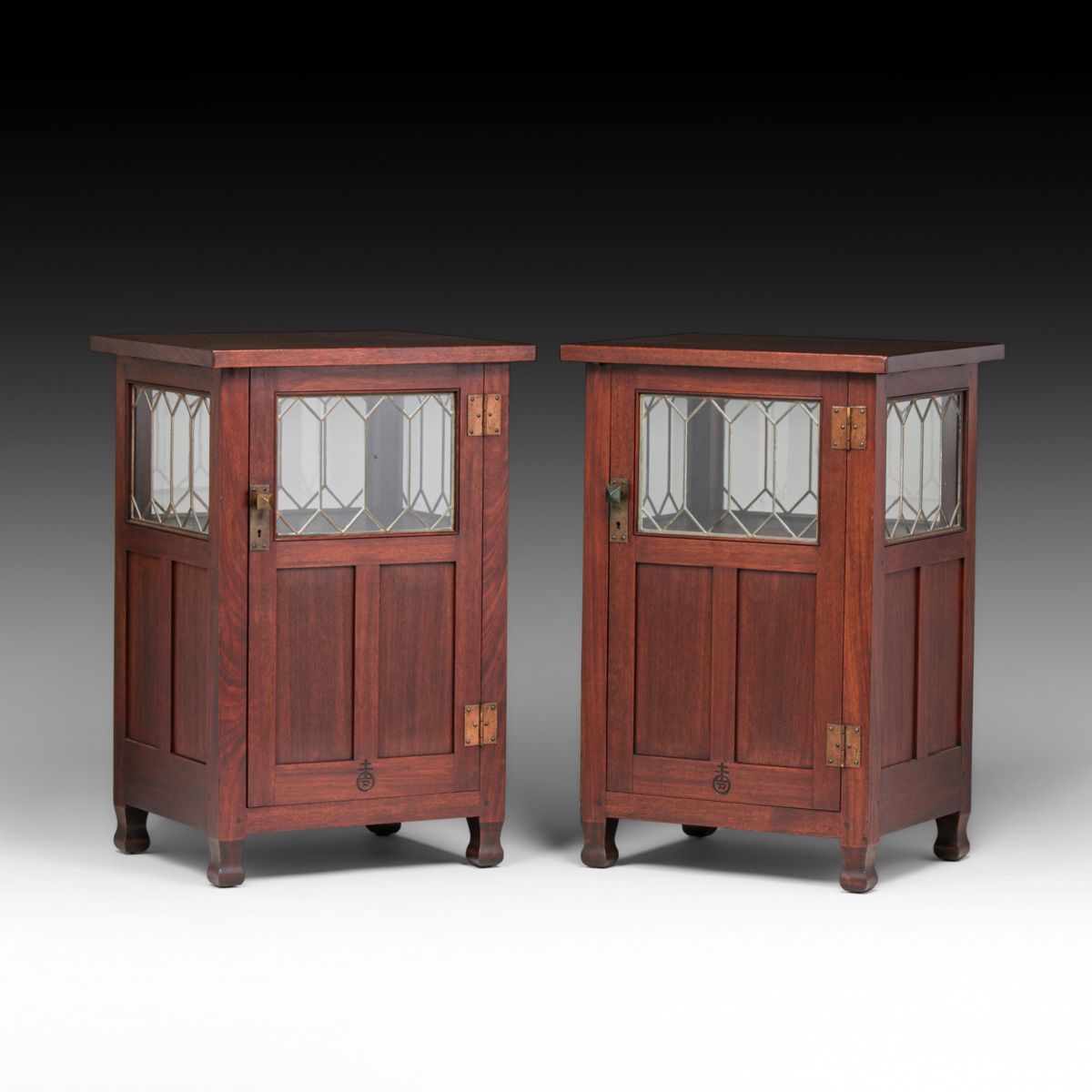 Pair Roycroft #055 Mahogany Leaded Glass Cabinets c1905