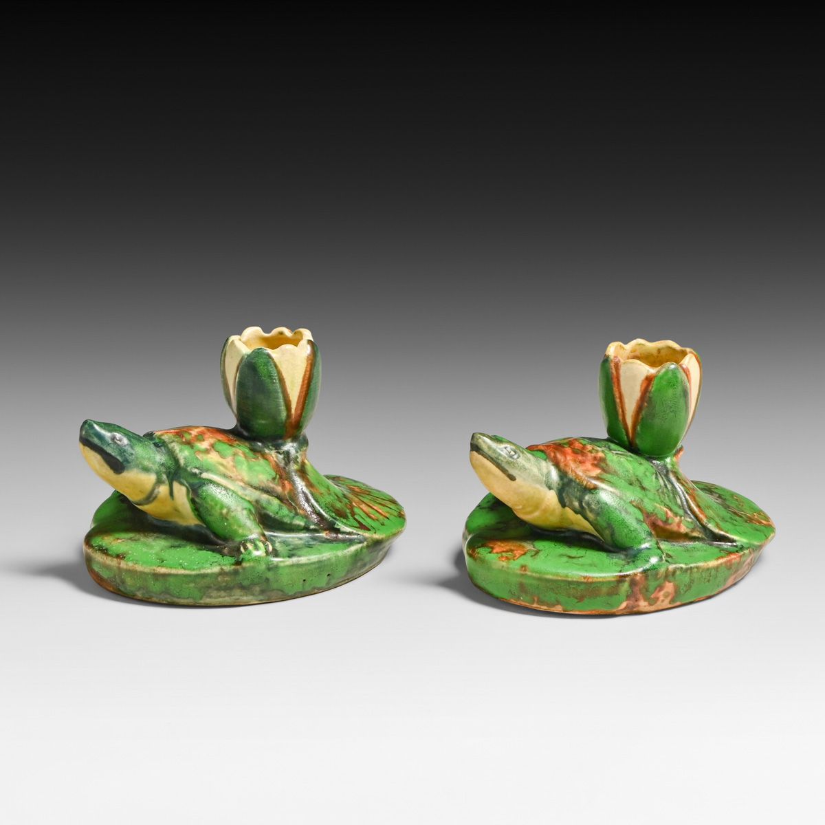 Weller Coppertone Turtle Pair Candlesticks c1910s