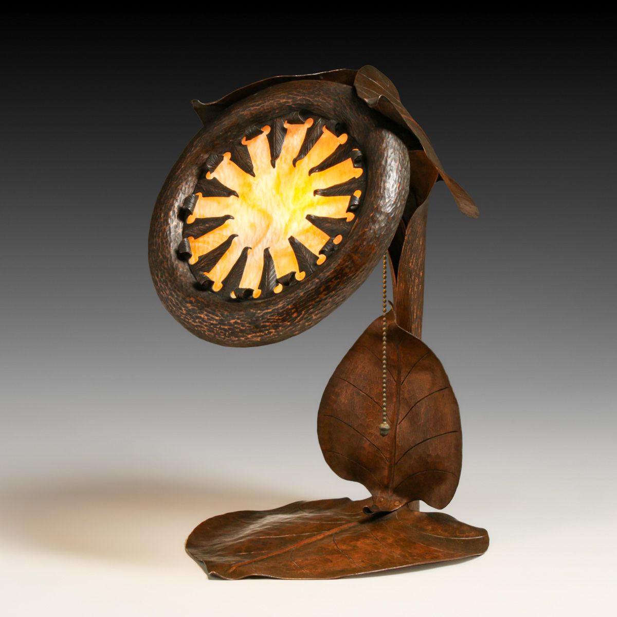 Unusual Arts & Crafts Hammered Copper & Slag Glass Lamp c1910