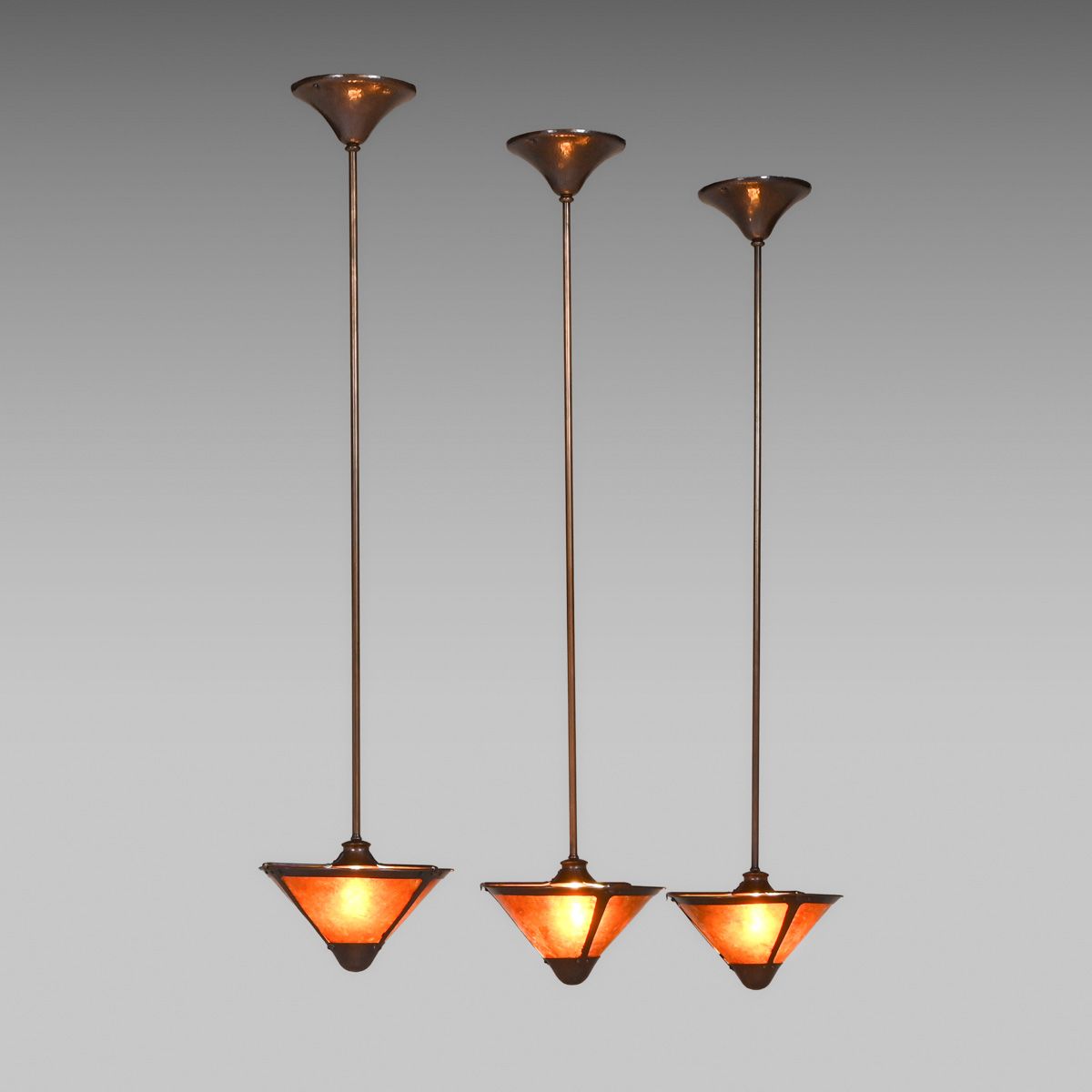 Michael Adams - Aurora Studios Set of 3 Hammered Copper & Mica Hanging Lights c2000