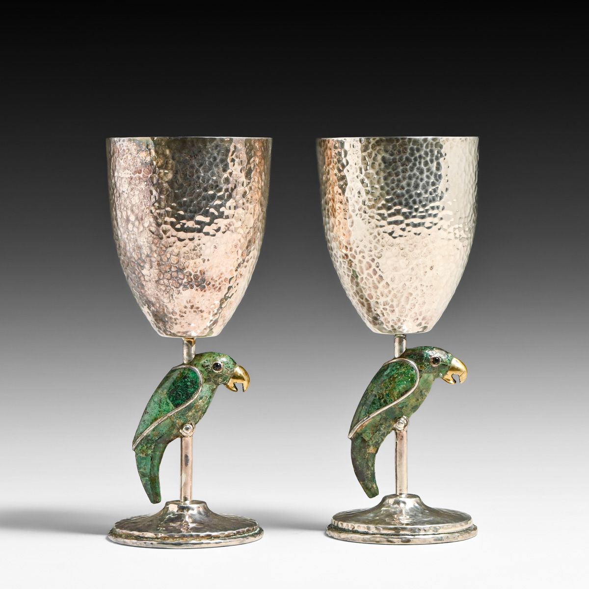 Vintage Los Castillo Taxco Silver-Plated Parrot Wine Goblets c1950s/60s