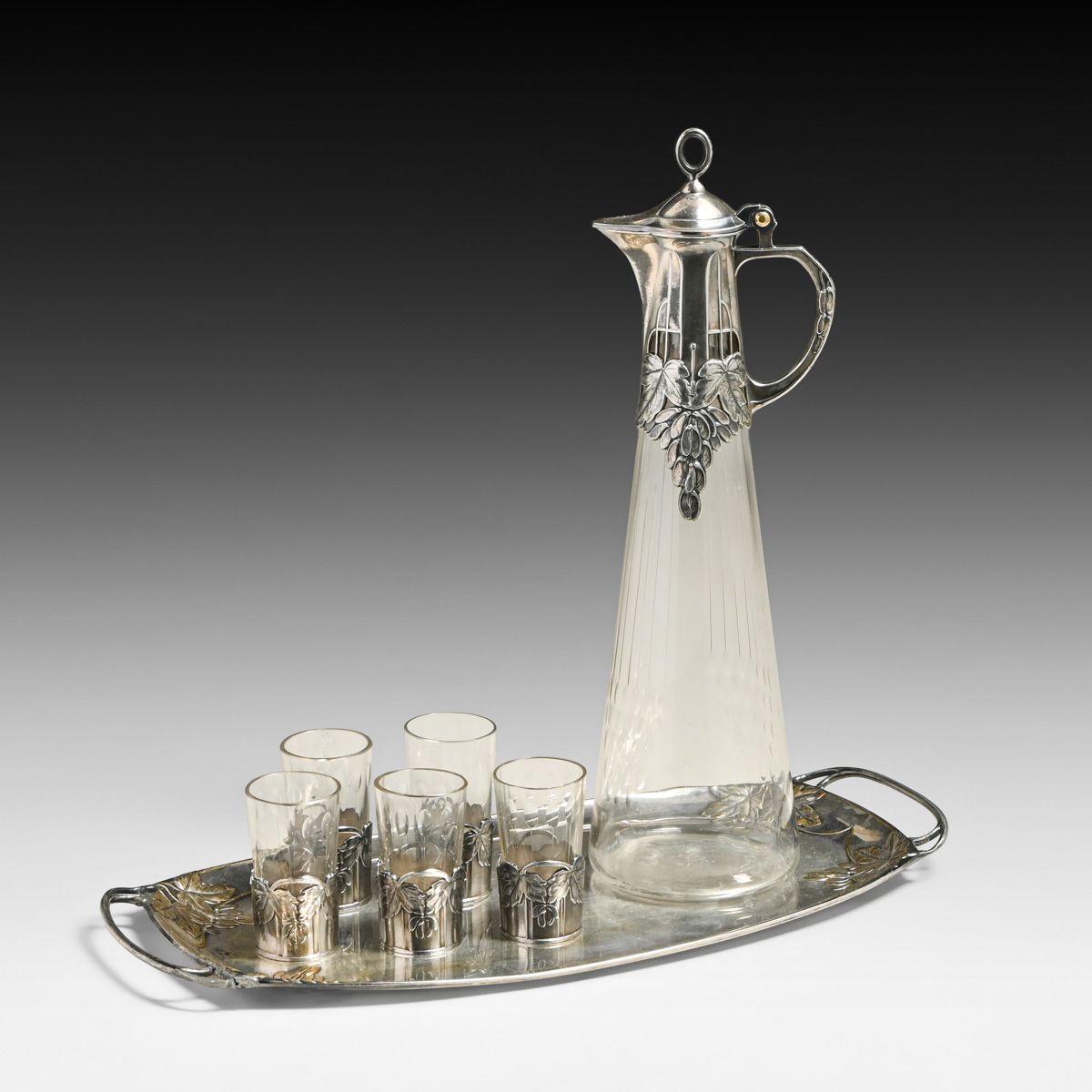 WMF - German Art Nouveau Silverplated & Etched Glass Liqueur Set c1905