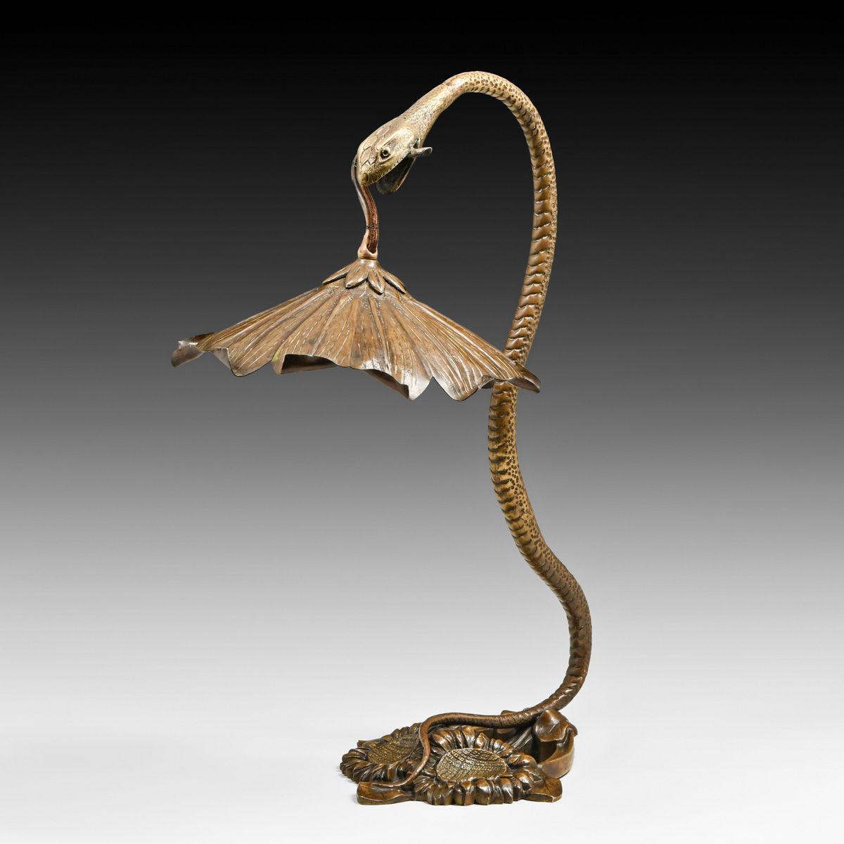 Art Nouveau Cast & Hammered Brass Snake Lamp c1900s