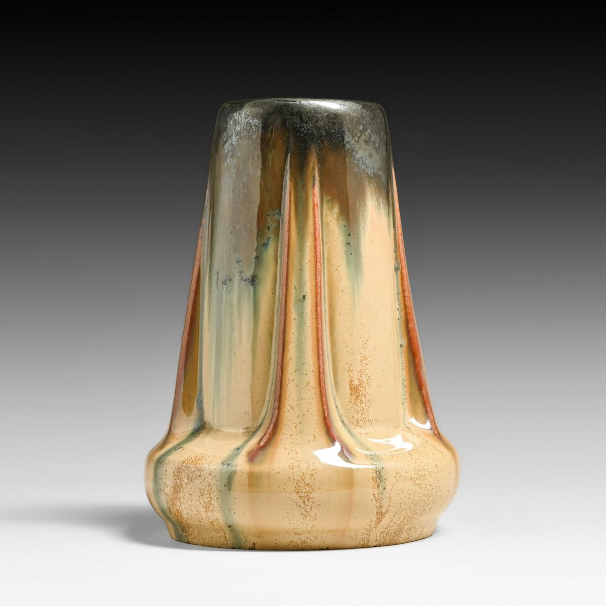 Fulper Pottery Mirror Black & Caramel Flambe Buttress Vase c1917-1920