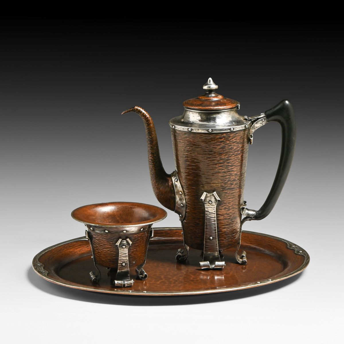 Joseph Heinrichs Hammered Copper & Silver Three Piece Set c1905