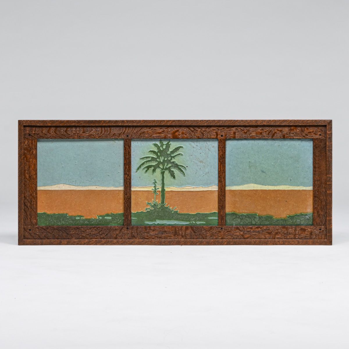 Grueby Faience Co Three-Tile "Oasis" Landscape Frieze c1905