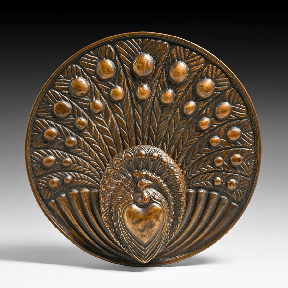 George Johnson - English Arts & Crafts Repousse Hammered Peacock Wall Pocket c1890s