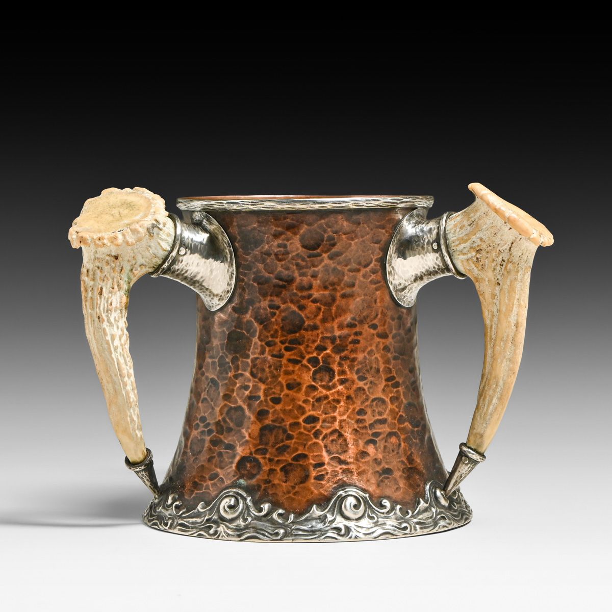 Joseph Heinrichs Hammered Copper, Sterling Silver & Antler Handle Vase c1905